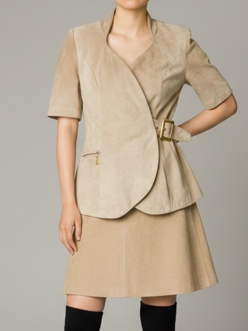 DANIER Suede Leather Wrap Short Sleeved Jacket with Gold Buckle - Tan - S/P - Picture 16 of 16